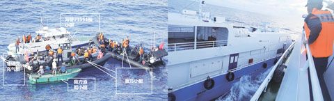 左圖為中國海警執法人員登臨檢查菲運補小艇。右圖為菲運補船危險接近、蓄意碰撞中國船隻。（環球時報）