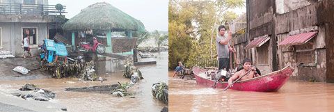 左圖颱風克莉絲汀24日登陸菲律濱，降下大豪雨造成災情。右圖為亞眉省里斯本社一名居民划船到他被洪水淹沒的家。（美聯社）