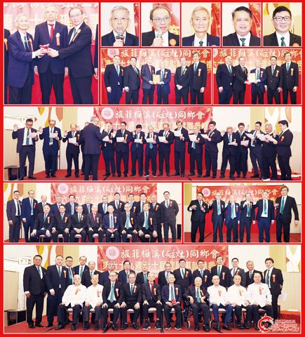 圖片說明:左上圖為吳𣞁楠(中)見證吳友恆(右)和吳梓瑜(左)的交接儀式;右上小圖左至右依次為吳𣞁楠、吳友恆、吳梓瑜、吳子雄和吳韶菡。小圖下方左至右圖分別為致謝吳𣞁楠的儀式和致謝吳友恆的儀式。中間大圖為全體新屆職員的宣誓就職儀式。第四排左圖為新屆職員的合影;右圖為名譽理事長、正副理事長向來賓與鄉親敬酒。下排為全體新屆職員與嘉賓的合影。(本報記者Celia