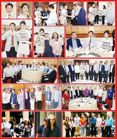 圖片說明：右上兩小圖左至右依次為林榮輝、張穎菲。第一排餘圖為張穎菲與商總領導見面交流。第二排左圖為林榮輝與張穎菲的合影；右圖為施偉廉、林榮輝和張穎菲的合影。第三排為商總領導與張穎菲在宴席期間的合影；右圖為商總領導熱烈歡迎張穎菲並與其合影。第四排左圖和中圖為張穎菲與商總領導一同拜訪馬尼拉市長Francisco