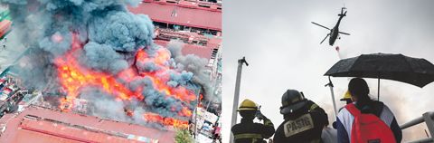 馬尼拉市敦洛區Happyland貧民窟昨日發生大火,至少1500戶受火災影響,3人受傷。左圖為大火現場,右圖為民防署出動直升機參與滅火。(菲新社/新華社)
