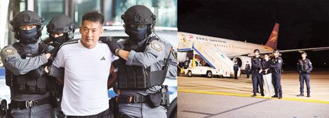 左圖為泰國警方將佘智江押送至曼谷素萬那普機場，並於下午4時20押送上飛機，引渡回中國。右圖為佘智江押抵中國南京市。（路透社/中國公安部供圖）