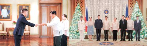 12月11日,中國駐菲大使井泉在總統府向馬科斯總統遞交國書。馬科斯總統歡迎井大使履新,並就中菲關係與井大使交換意見。(總統府供圖)
