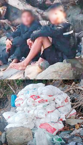 上圖為當局逮捕乘坐快艇的兩名中國籍人士，該快艇載有在西岷多洛省帕盧安社哈里遜描籠涯海岸線尋獲的數袋疑似沙霧。下圖為查獲的疑似沙霧。