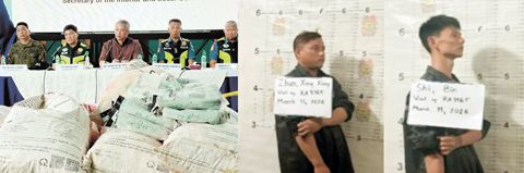 據內政部長黎慕惹表示，一個國際毒品集團或組織是在西岷都洛省帕盧安鎮擱淺快艇上查獲的大量非法毒品背後的元兇（左圖）。右圖為兩名中國公民——詹星星和石彬（皆音）——於3月11日試圖逃離在西岷都洛省帕盧安鎮擱淺的雙引擎快艇時被當局逮捕，該快艇上查獲了43袋疑似沙霧的毒品，估計價值59億披索。