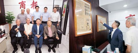 左圖為中國駐菲大使井泉一行昨日蒞臨本報訪問，並與本報社長于慶文、董事許中榮、施嘉驃、胡少華、社長助理王鴻瑜、執行總編輯蔡友銘等合影。右圖為于慶文社長向井大使介紹本報二戰前的舊報紙展覽。（記者Celia