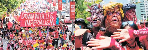 左圖為5月1日，抗議者在馬尼拉舉行的五一勞動節集會上游行前往馬拉干鄢宮總統府。右圖為抗議者在馬尼拉舉行的五一勞動節集會上推動（從左起）以色列總理班傑明·內塔尼亞胡、美國總統特朗普和菲律濱總統小馬科斯的人偶。（美聯社）