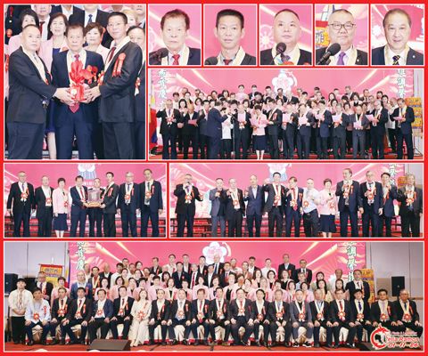 圖片說明：左上圖為施存仁（中）見證施銀耽（右）和吳為康（左）的交接儀式。右上排小圖左至右依次為施存仁、施銀耽、吳為康、施清輝和施丕雄。小圖下方為全體新屆職員的宣誓就職儀式。中排左圖為致謝施存仁的儀式；右圖為祝酒儀式。下排為全體新屆職員與嘉賓的合影。（本報記者Celia