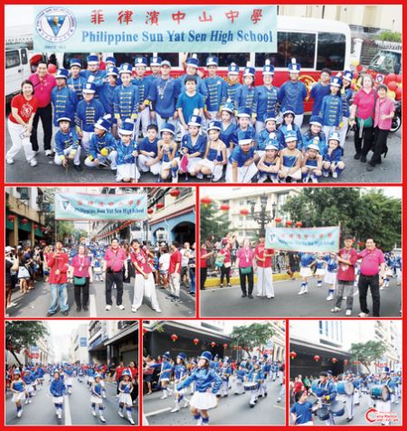 圖片說明：校長李煒欽博士與菲律濱中山中學鼓鈴樂隊與老師在出發前的合影。第二排為校長李煒欽博士帶領鼓鈴樂隊與老師參與新春花車巡遊活動。下排為中山中學鼓鈴樂隊在巡遊期間以鏗鏘的鼓鈴樂聲，向夾道民眾獻上最熱情的新春祝福。（Celia