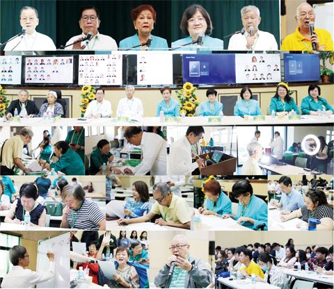 圖片說明：自左至右（第一排）秘書長施德錦，大會主席陳怡哲致開幕辭，副董事長李麗芬校友致辭，校長黃琬蓉博士致辭，副董事長施湧妙校友主持選舉秩序，陳安邦校友講解電腦選舉系統操作（第二排）選舉委員會成員施嘉驃、李淑敏、陳怡哲、施湧妙、李麗芬、梁淑美、黃琬蓉、蔡藝術、蔡美美（第三排）校友代表報到、登記、拍照、認證（第四、五排）選舉場面。