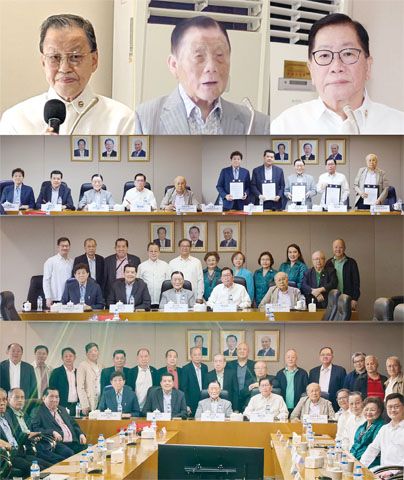 圖片說明：自左至右（第一排）侨中校友会秘书长施德锦介绍出席校友会代表，華僑善舉總會董事長盧祖蔭致辭，僑中學院校友會理事長陈怡哲致辭（第二排）雙方領導簽署協定後合照（第三排）善舉總會、中華總商會、