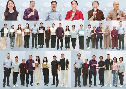 （圖片說明）上圖左起：黃凱莉、黃端銘、劉統厚、吳盈婷、楊美美、傳印長老；中圖左起：2025-2026學年度優秀華校華語教師頒獎儀式，贈送紀念品儀式；下圖左起：第三屆東青杯菲律賓華語教師教學成果大賽頒獎儀式，贈書儀式。