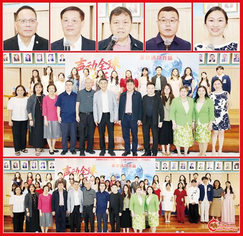 圖片說明：上排小圖左至右依次為洪健雄、柯順慶、吳良煌、王宇航和李美齡。第二排為十五位入圍決賽的選手與主辦、協辦方的領導及評審的合影。下排為所有參賽選手與主辦、協辦方的領導及評審的合影。（本報記者Celia
