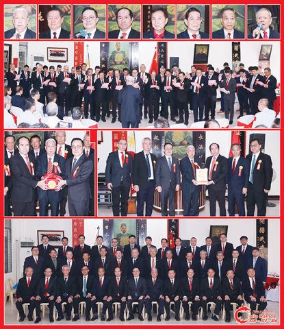 圖片說明：上排小圖左至右依次為鄭淵國、鄭朝暉、鄭明遠、鄭國賓、戴國安、王連僑、鄭小生和鄭晨光。第二排為全體新屆職員的宣誓就職儀式。第三排左圖為鄭淵國（中）見證鄭遠明（右）和鄭國賓（左）的交接儀式；右圖為致謝鄭淵國的環節。下排為全體新屆職員與嘉賓的合影。（本報記者Celia