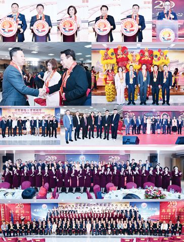 小圖左起大會主席名譽會長孫明強、中國駐菲特命全權大使井泉閣下為該會新屆職員訓誨、新屆會長施玉容、本會理事長林榮輝擔任大會主講人、菲華各界主席趙啟平發表主旨演講、執行副會長洪聰曉致謝詞。
