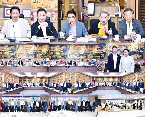 小圖左起本會林榮輝理事長致歡迎詞、福建省工程機械行業協會執行會長鄭志順致詞、車器商同業公會理事長蔡宗俊介紹該會的由來和發展歷程、車器商同業公會名譽理事長許煥燃介紹該會出席領導、本會秘書長顏長江博士介紹商總出席領導。